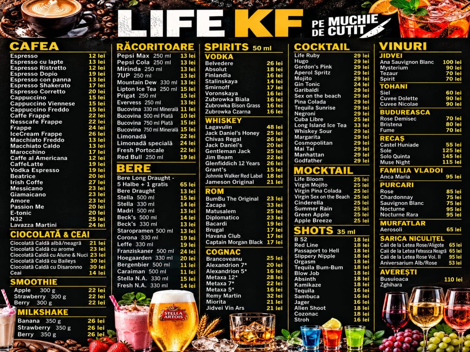 Meniu băuturi LIFE KF: cafea, răcoritoare, bere, cocktailuri, spirtoase și vinuri