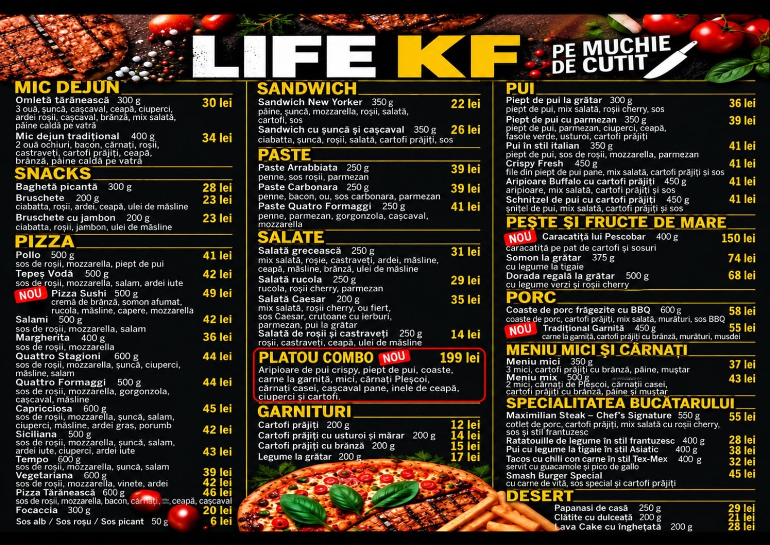 Meniu mâncare LIFE KF: mic dejun, pizza, paste, salate, carne, pește și desert